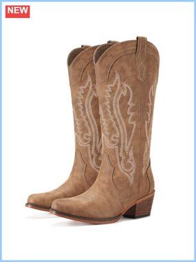 Women's Cowboy Boots Snip Toe Mid Calf Western Boots PU Side Zip